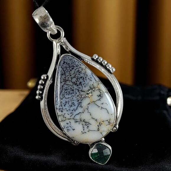 Dendritic Opal Pendant 925 Silver Necklace with Green Gem and 20" Chain - Picture 1 of 9